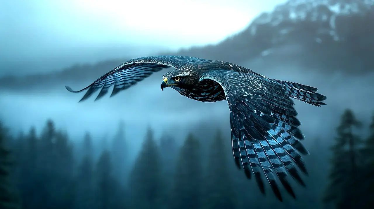 Habicht (Northern Goshawk) im Flug – Symbol für souveräne, kontrollierte KI.